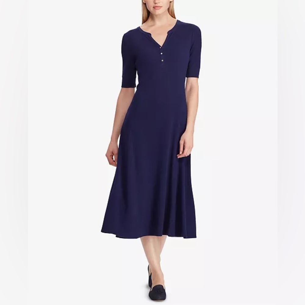 Ralph Lauren fit flare Blue waffle knit quarter Sleeve midi Dress